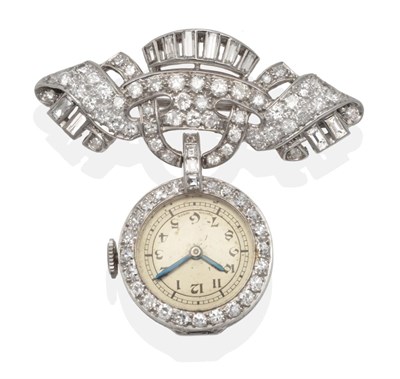 Lot 2114 - An Art Deco Diamond Set Brooch Fob Watch, lever movement, silvered dial with Arabic numerals,...