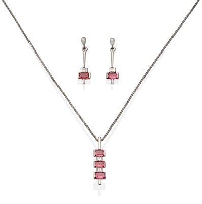 Lot 2125 - An 18 Carat White Gold Pink Tourmaline and Diamond Earring and Necklace Suite, the earrings...