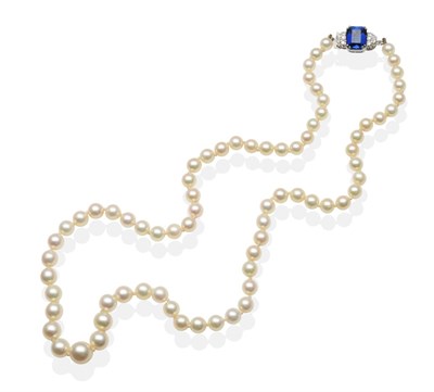 Lot 2148 - A Cultured Pearl Necklace with a Synthetic Sapphire and Diamond Set Clasp, a single strand of...