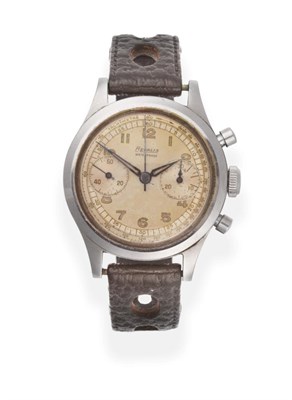 Lot 2161 - A Stainless Steel Chronograph Wristwatch, signed Regalis, 1951, lever movement, silvered dial...