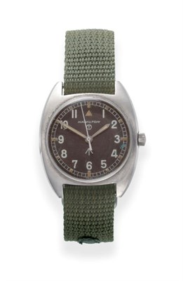 Lot 2175 - A Stainless Steel Military Centre Seconds Wristwatch, signed Hamilton, circa 1976, lever...