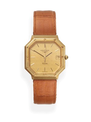 Lot 2189 - An 18ct Gold Calendar Centre Seconds Wristwatch, signed Longines, circa 1980, quartz movement,...