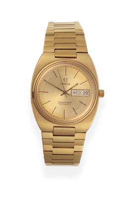 Lot 2206 - A Gold Plated and Steel Automatic Day/Date Centre Seconds Wristwatch, signed Omega, model:...