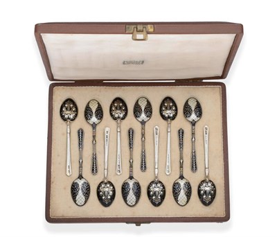 Lot 2253 - Two Sets of Six Silver and Enamel Coffee Spoons, Turner & Simpson, Birmingham, 1922/23,...