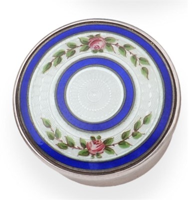 Lot 2267 - A Silver and Enamel Pill Box, maker's mark rubbed, Birmingham 1910, circular with pull off...