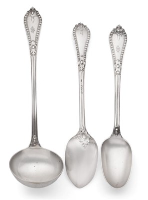 Lot 2274 - A Matched Pair of Victorian Silver Grecian Pattern Basting Spoons and a Soup Ladle, various makers