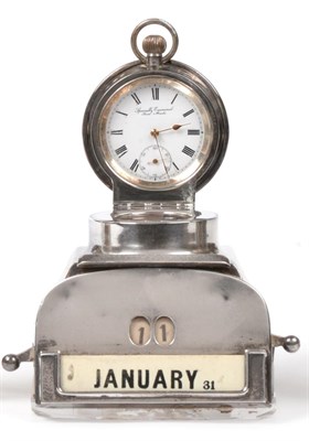 Lot 2277 - An Edwardian Silver Mounted Glass Combination Calendar, Inkwell and Watch, Henry Matthews,...