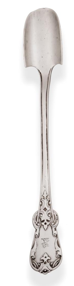 Lot 2324 - A Victorian Silver Straight Tudor Pattern Stilton Scoop, Chawner & Co, London 1866, crest...