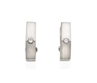 Lot 2019 - A Pair of Solitaire Diamond Hoop Earrings, angular hoops inset with a round brilliant cut...