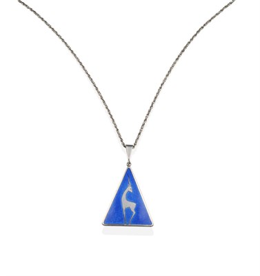 Lot 2039 - An Enamel Pendant on Chain, by Askel Holmsen, a triangular pendant with the design of a gazelle, on