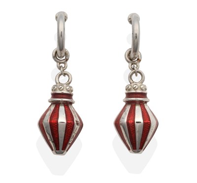 Lot 2042 - A Pair of Enamel 'Carnival' Earrings, by Theo Fennell, bulb-shaped drops in red striped enamel,...