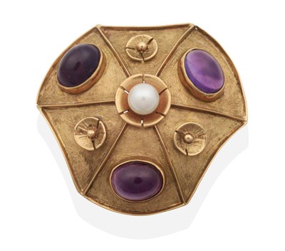 Lot 2056 - A 9 Carat Gold Amethyst and Cultured Pearl Brooch, a central cultured pearl between three oval...