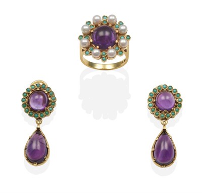 Lot 2074 - An Amethyst, Turquoise and Cultured Pearl Ring and Earring Set, the ring with a round cabochon...