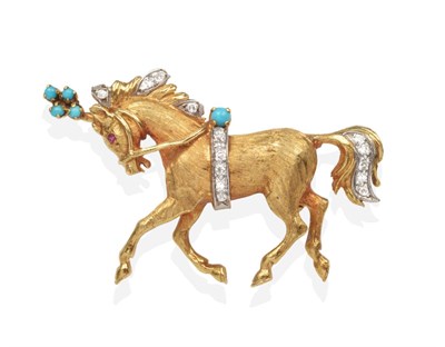 Lot 2076 - An 18 Carat Gold Diamond and Turquoise Horse Brooch, modelled in a prancing pose, with a...