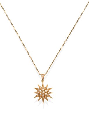 Lot 2077 - A Diamond and Seed Pearl Star Pendant, on Chain, circa 1900, a central old cut diamond to seed...