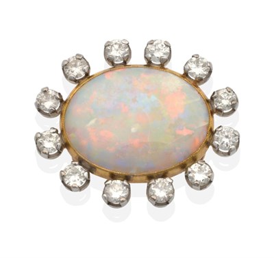 Lot 2088 - An 18 Carat Gold Opal and Diamond Cluster Pendant, an oval cabochon opal in a milgrain closed...