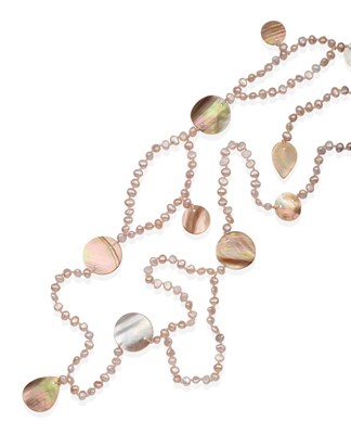 Lot 2092 - A Danish Pink Cultured Pearl and Mother-of-Pearl Necklace, by Monies, a continuous knotted...