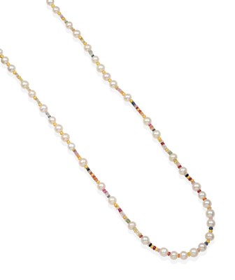 Lot 2096 - A Multi-Gemstone and Cultured Pearl Necklace, faceted multi-coloured sapphires spaced at...