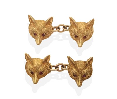 Lot 2101 - A Pair of 9 Carat Gold Ruby Fox Head Cufflinks, by Alabaster & Wilson, modelled with textured...