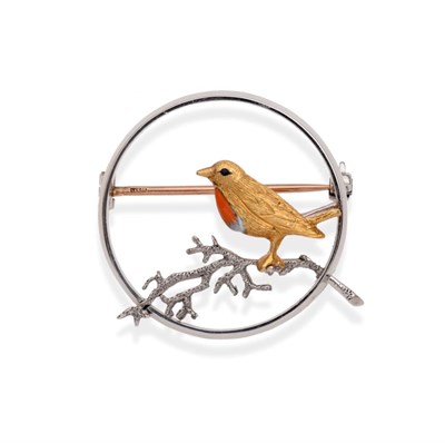 Lot 2102 - A 9 Carat Two Colour Gold and Enamel Robin Brooch, by Alabaster & Wilson, modelled as a robin...