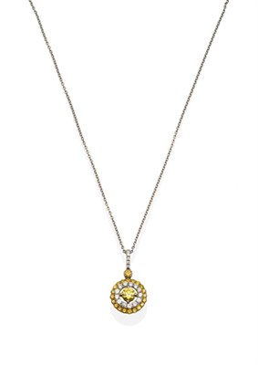 Lot 2109 - A Yellow and White Diamond Pendant on Chain, a round brilliant cut yellow diamond within a frame of