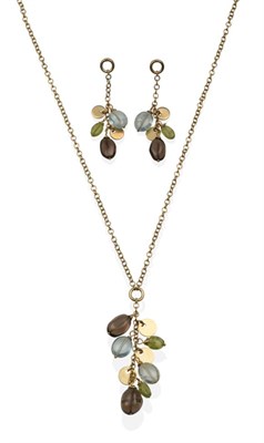 Lot 2111 - A Multi-Gemstone Set Pendant on Chain and Earring Set, with a chain drop suspending tumbled...