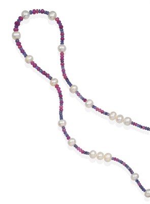 Lot 2120 - A Pink Sapphire, Tanzanite and Cultured Pearl Necklace, faceted pink sapphire and tanzanite...