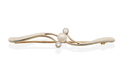 Lot 2132 - A Pearl and Diamond Bar Brooch, a cultured pearl between two old cut diamonds in milgrain settings