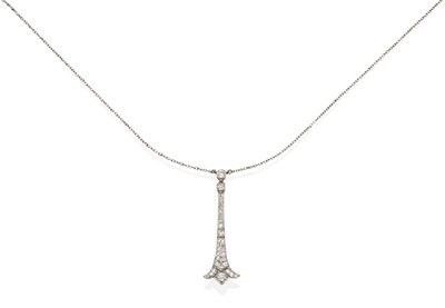 Lot 2144 - An Art Deco Pendant on Chain, an old cut diamond in a milgrain setting suspends a tapering...