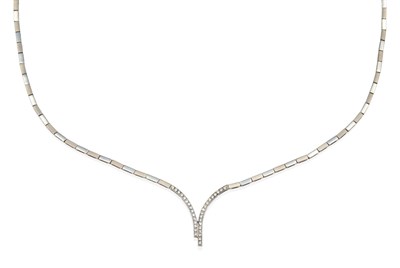 Lot 2145 - A Diamond Necklace, a V-shaped centre milgrain set with round brilliant cut diamonds to an...