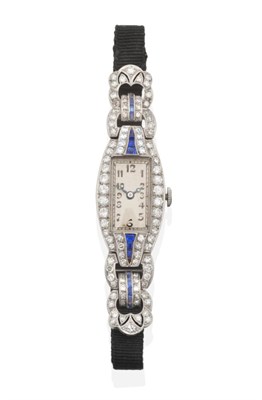 Lot 2150 - An Art Deco Diamond and Sapphire Cocktail Watch, lever movement, rectangular silvered dial with...