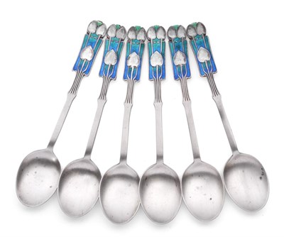 Lot 2205 - A Set of Six George V Silver and Enamel Teaspoons, Liberty & Co, Birmingham 1929, the design...