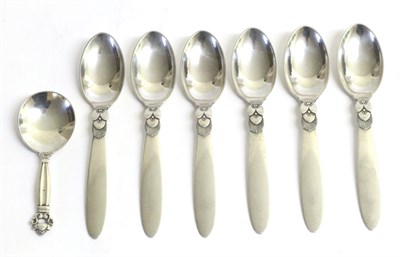 Lot 2220 - A Set of Six George Jensen Silver Catus Pattern Dessert Spoons, post 1945 mark, stamped...