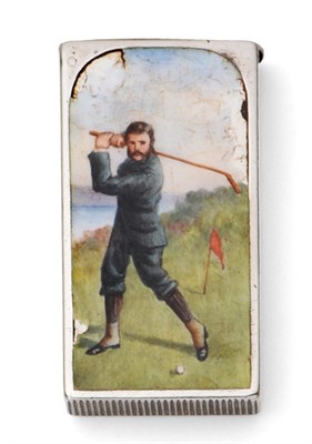 Lot 2264 - A Victorian Silver and Enamel Golfing Vesta Case, Sampson Mordan & Co, London 1891, the front...