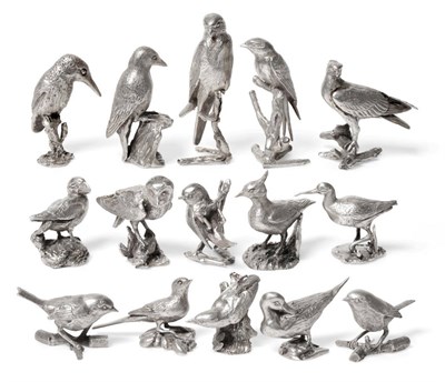 Lot 2276 - A Set of Fifteen Cast Silver Models of Birds, Paul Eaton, London 1987-92, all naturalistically...