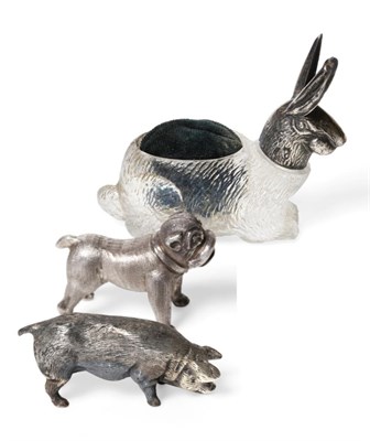 Lot 2280 - An Edwardian Silver Mounted Novelty Glass Hare or Rabbit Pin Cushion, London 1906, front feet...