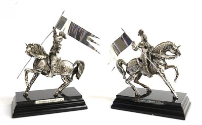 Lot 2305 - A Pair of Italian Silver Models of Knights on Horseback, mark of Magrino, and with English...