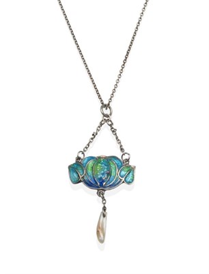 Lot 2030 - An Art Nouveau Enamel and Pearl Pendant Necklace, the pendant designed as a pomegranate and leaves