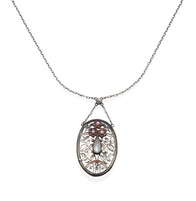 Lot 2040 - A Jugendstil Moonstone, Ruby and Enamel Pendant Necklace, by Theodor Fahrner, a pierced oval plaque