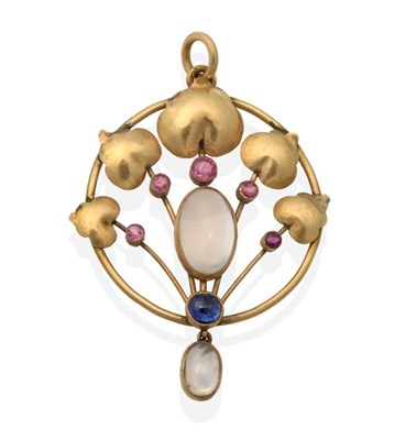 Lot 2051 - An Arts & Crafts Moonstone, Ruby and Sapphire Pendant, an oval cabochon moonstone in a milgrain...