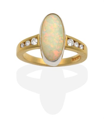 Lot 2057 - An 18 Carat Gold Opal and Diamond Ring, an oval cabochon opal in a rubbed over setting, to...