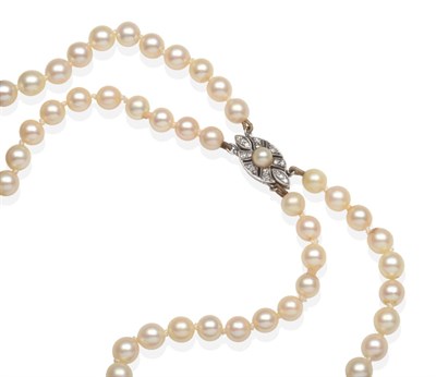 Lot 2066 - A Cultured Pearl Necklace, with a Diamond and Pearl set Clasp, two strands of graduated...