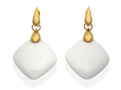 Lot 2071 - A Pair of White Marble Earrings, kite-shaped marble plaques, suspended from two graduated drop...