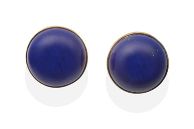 Lot 2082 - A Pair of 9 Carat Gold Lapis Lazuli Clip Earrings, a round cabochon lapis lazuli in a rubbed...