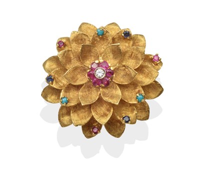 Lot 2089 - An 18 Carat Gold Multi-Gemstone Flower Brooch, a round brilliant cut diamond in a rubbed over...