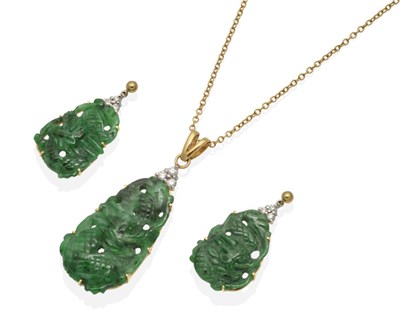 Lot 2091 - An 18 Carat Gold Jade and Diamond Pendant and Earring Suite; carved and pierced jade plaques...