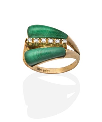 Lot 2099 - A Malachite and Diamond Ring, a two tapering cabochon malachite with a central band of...