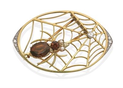 Lot 2101 - A Novelty Citrine, Diamond and Pearl Spider Brooch, a citrine set spider, with pearl set eyes, to a