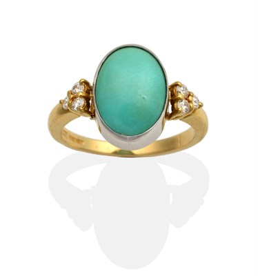 Lot 2103 - An 18 Carat Gold Turquoise and Diamond Ring, an oval cabochon turquoise in a rubbed over...