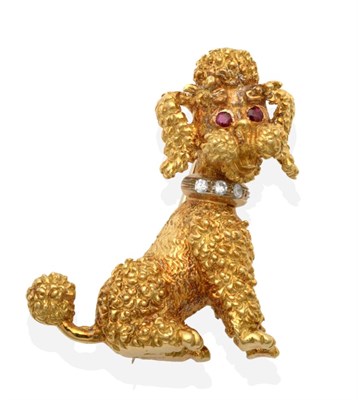 Lot 2111 - An 18 Carat Gold Novelty Poodle Dog Brooch, modelled with textured fur, a diamond set collar...